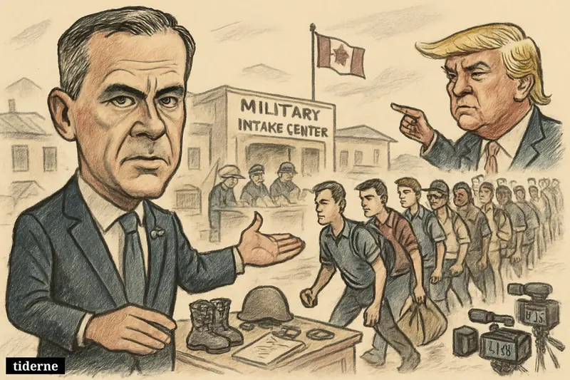 Mark Carney gestures toward a surge of Canadian military recruits while Donald Trump looms in the background near a tense border scene.