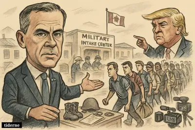 Mark Carney gestures toward a surge of Canadian military recruits while Donald Trump looms in the background near a tense border scene.