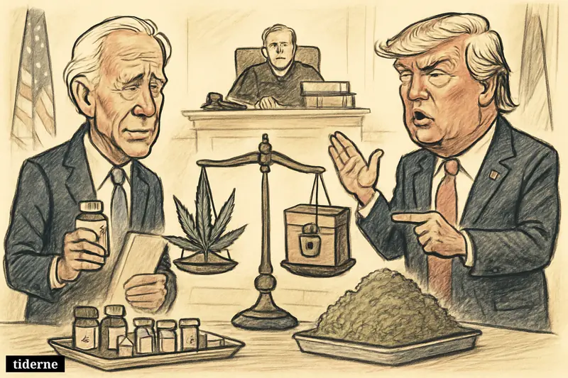 Biden and Trump face off in a federal hearing room over medical cannabis reclassification, with legal props, scales, and regulated products.
