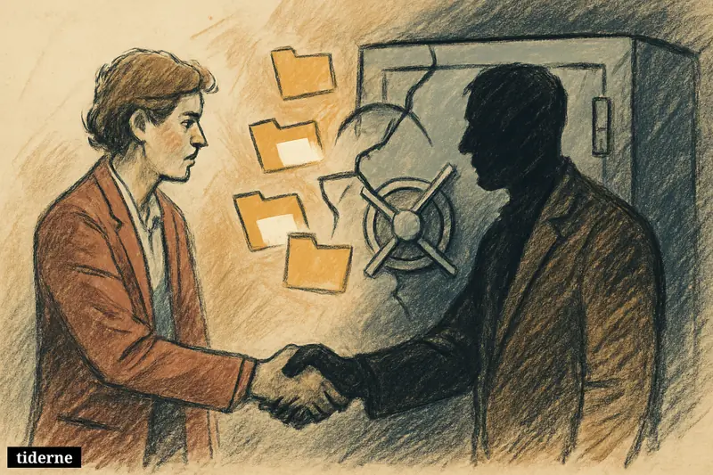 Cracked dark vault spills glowing data shards toward a shadowy handshake on a black background