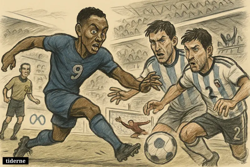 Caricature football scene of Cape Verde attacking Argentina in a knockout match, with diving goalkeeper and subtle Meta branding around the stadium.