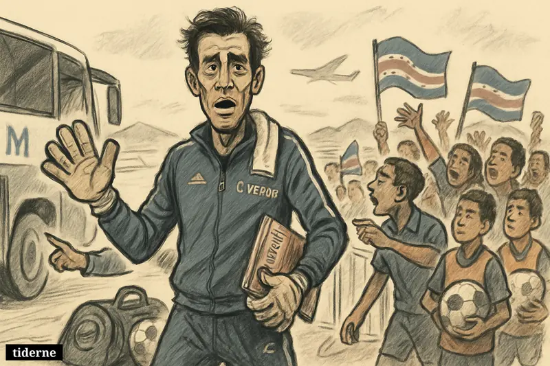 Caricature of Cape Verde goalkeeper Vozinha arriving in Praia to cheering fans, with young players watching him as a national hero.
