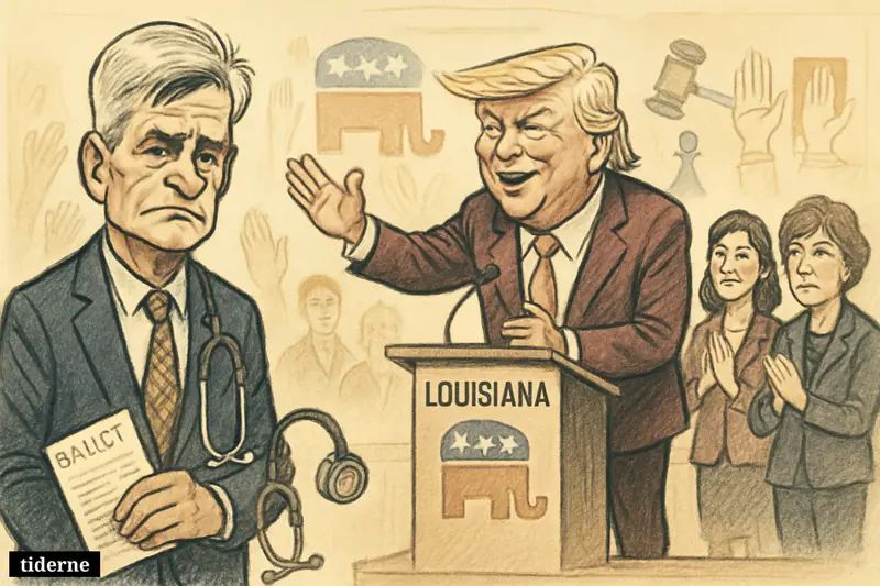 Bill Cassidy looks defeated at a Louisiana Republican rally while Donald Trump basks in support from allies and wary senators watch nearby.