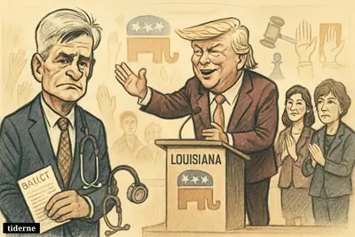 Bill Cassidy looks defeated at a Louisiana Republican rally while Donald Trump basks in support from allies and wary senators watch nearby.