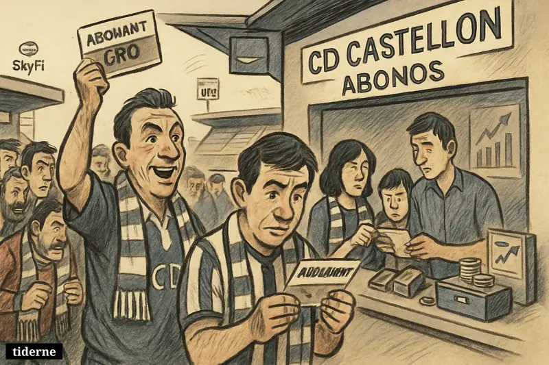 Fans at a football stadium ticket counter compare standard and premium season passes while playoff access and early revenue are suggested around them. (AI-genereret illustration)
