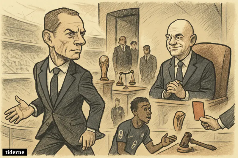 Caricature of Aleksander Čeferin walking out of a stadium VIP box as Gianni Infantino watches and Folarin Balogun stands below amid disciplinary symbols. (AI-genereret illustration)