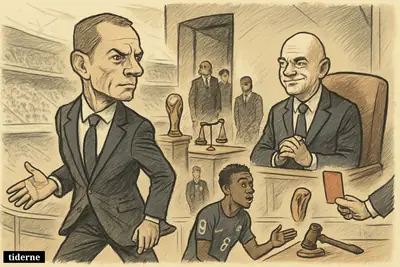 Caricature of Aleksander Čeferin walking out of a stadium VIP box as Gianni Infantino watches and Folarin Balogun stands below amid disciplinary symbols. (AI-genereret illustration)