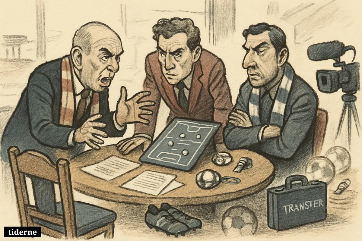 Caricature of rival football negotiators around a transfer table, with an empty chair and boots representing a coveted midfielder.