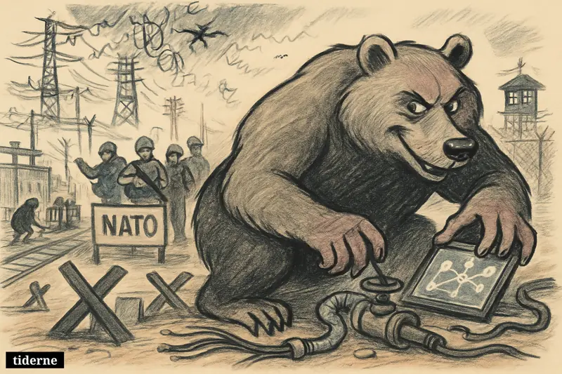 A caricature Russian bear and covert saboteurs threaten border infrastructure while NATO troops stand watch along the eastern flank.