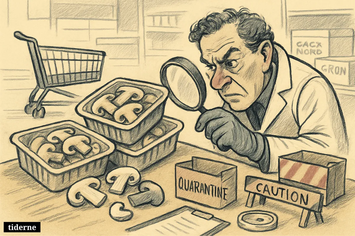 Sliced mushroom trays in a supermarket inspection area as a food safety inspector examines them and another tray is discarded.