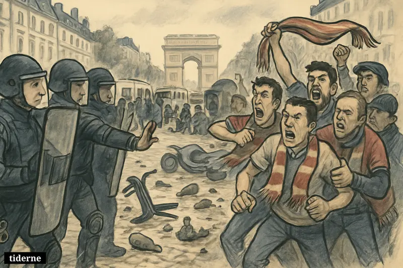 Riot police confront disorderly football fans on the Champs-Élysées amid debris, arrests, and post-match unrest in Paris.
