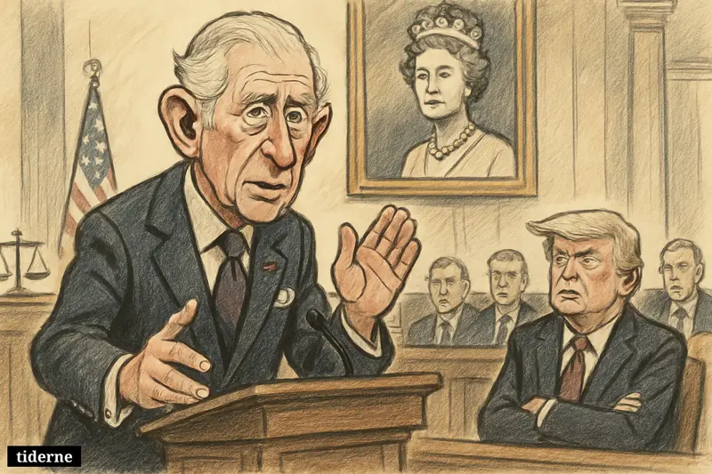 King Charles III addresses Congress while Elizabeth II’s portrait looms behind and Donald Trump sits off to the side, reacting skeptically.