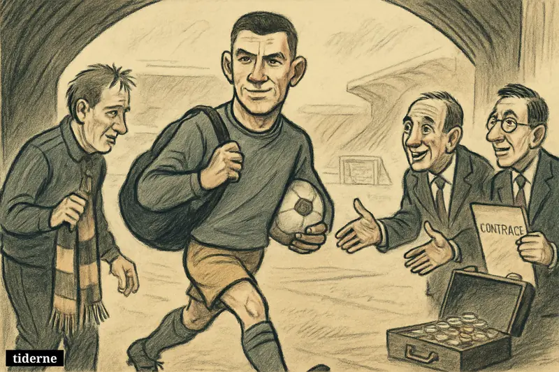A young football defender walks through a stadium tunnel as club officials greet him with a contract and money during a transfer scene.
