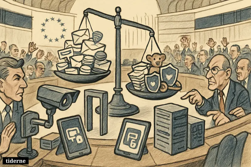 Inside the EU Parliament, a huge scale weighs private messages against child-protection symbols as surveillance devices loom over lawmakers. (AI-genereret illustration)
