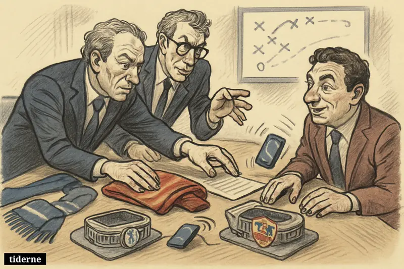 Club executives and an agent negotiate a football transfer in a boardroom with Chelsea and Roma props and a winger tactics display. (AI-genereret illustration)