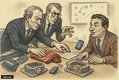 Club executives and an agent negotiate a football transfer in a boardroom with Chelsea and Roma props and a winger tactics display. (AI-genereret illustration)