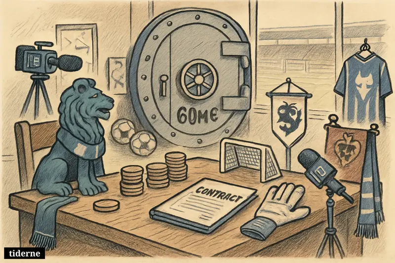 A football transfer table with Chelsea and Porto symbols, goalkeeper gear, coins, and a news camera inside a stadium office. (AI-genereret illustration)