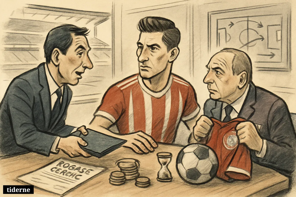 A football star sits between two club negotiators as contracts, coins, and a ticking hourglass hint at a summer transfer battle.