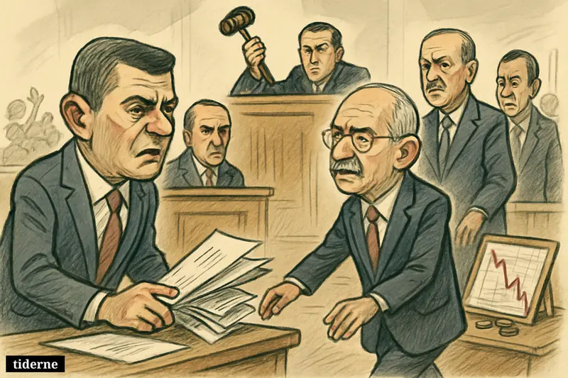 Caricature of Turkish opposition figures in a courtroom as Özgür Özel loses leadership and Kemal Kılıçdaroğlu steps forward.