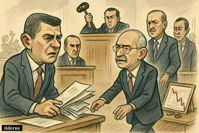 Caricature of Turkish opposition figures in a courtroom as Özgür Özel loses leadership and Kemal Kılıçdaroğlu steps forward.