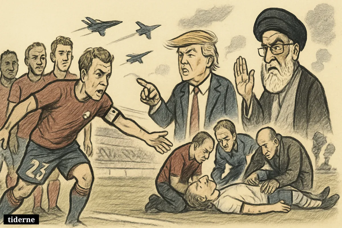 Christian Eriksen collapsed on a football pitch, watched by Højbjerg, while Trump and Khamenei face off in a war-shadowed background.