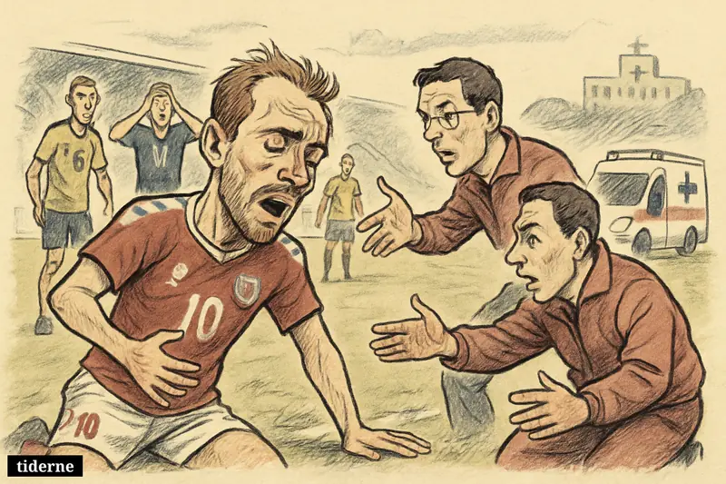 Christian Eriksen collapses on the pitch as medics and worried players rush toward him during an international football match.