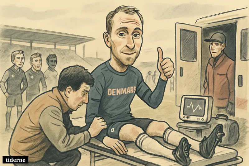 Christian Eriksen sits upright on a stretcher by the pitch, reassuring medics and teammates after a heart-related incident during a halted match.
