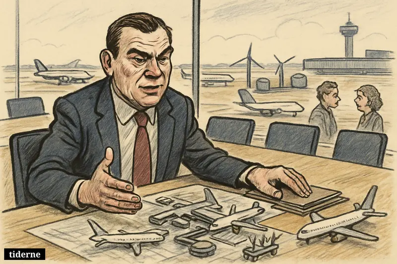 A caricatured businessman leads an airport boardroom meeting beside runway views, aircraft models, green transition symbols, and nearby local residents.