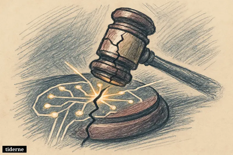 Cracked dark metallic gavel hovering over a glowing blue neural circuit on a black background