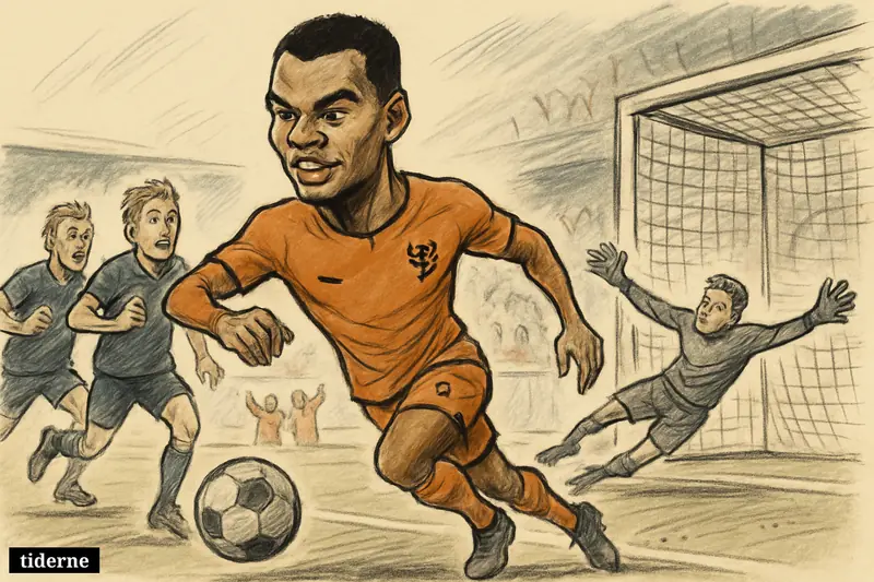 Caricature of Cody Gakpo bursting past Swedish defenders and shooting during a Dutch national-team match as teammates celebrate nearby.