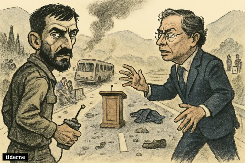 Caricature of Iván Mordisco and Gustavo Petro facing each other on a bombed Colombian highway, with debris, civilians, soldiers, and election symbols behind them.