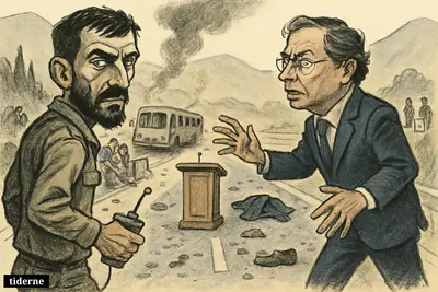 Caricature of Iván Mordisco and Gustavo Petro facing each other on a bombed Colombian highway, with debris, civilians, soldiers, and election symbols behind them.