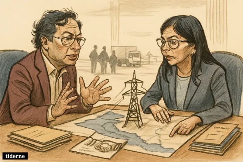 Caricatures of Gustavo Petro and Delcy Rodríguez negotiating over a border map with power lines, security files, and checkpoint imagery.