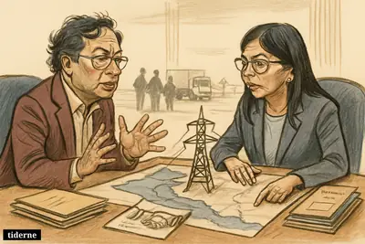 Caricatures of Gustavo Petro and Delcy Rodríguez negotiating over a border map with power lines, security files, and checkpoint imagery.