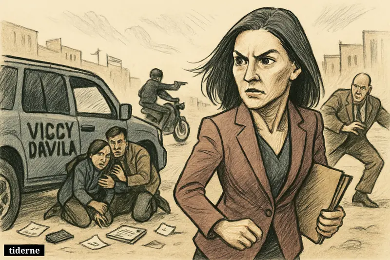 Caricature of Vicky Dávila reacting to a shooting on a Bogotá street as aides take cover and motorcycle gunmen flee.