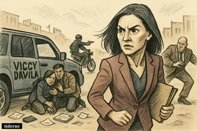 Caricature of Vicky Dávila reacting to a shooting on a Bogotá street as aides take cover and motorcycle gunmen flee.