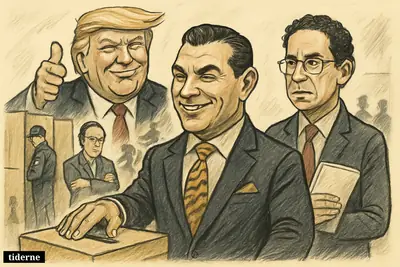 Caricature of Colombia’s runoff vote with de la Espriella and Cepeda facing off as Trump looms behind endorsing one candidate.