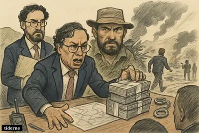 Gustavo Petro announces a huge bounty at a briefing table while Iván Cepeda watches and armed dissidents loom near a bomb-damaged road.