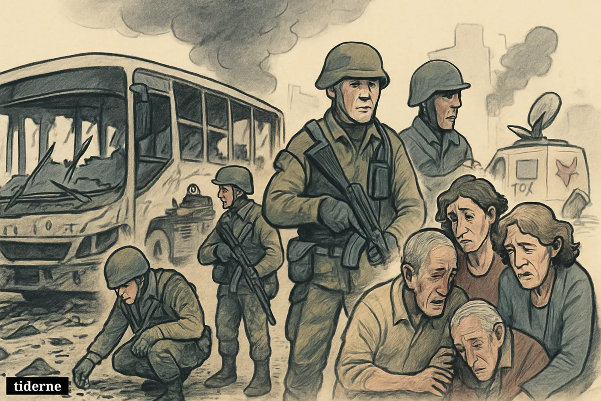 Caricature of a bombed bus in Colombia, soldiers securing the scene, injured civilians escaping, and a news van nearby.