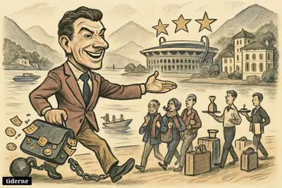 A confident football executive strides beside Lake Como toward a stadium-hotel complex as tourists arrive by boat with scarves and cameras. (AI-genereret illustration)