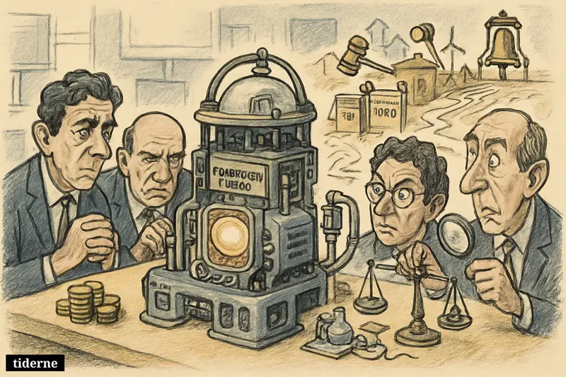 Investors in suits examine a futuristic reactor prototype, blocked by regulatory obstacles on the path toward a stock market bell.