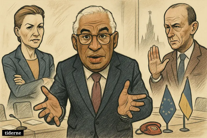 António Costa defends EU contact with the Kremlin as Mette Frederiksen and Friedrich Merz watch skeptically in a Brussels summit room.