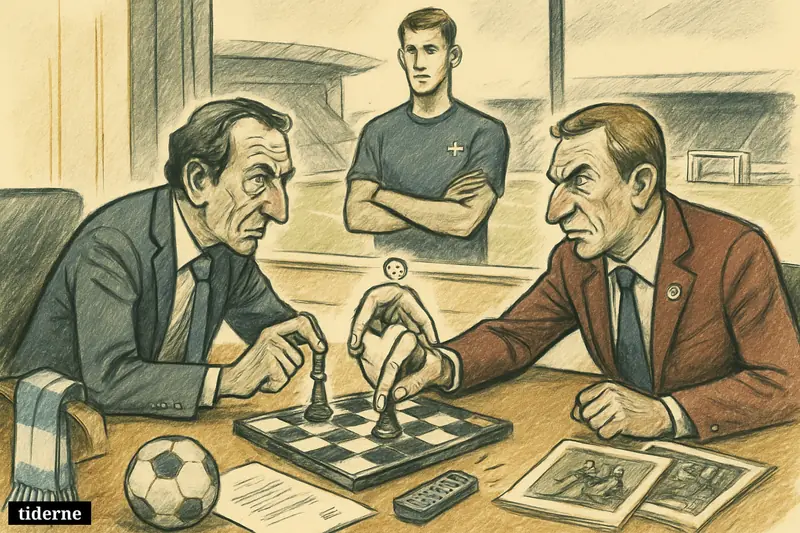Football transfer negotiators meet in a boardroom while a young centre-back waits by the window overlooking a stadium pitch.