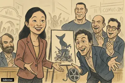 Lana Condor and Dave Green present Coyote vs. Acme on a Comic-Con stage, flanked by cast members, fans, and cartoonish movie props. (AI-genereret illustration)