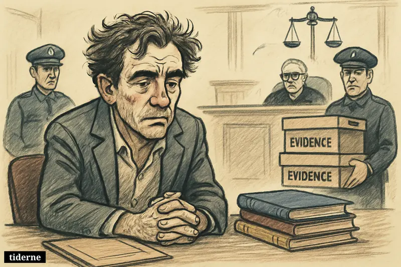 Caricature of Craig Silvey in a courtroom, slumped at the defendant’s table with children’s books aside and police evidence nearby.