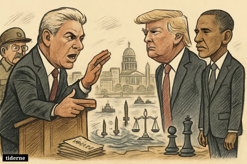 Caricatures of Díaz-Canel, Trump, Obama, and Raúl Castro confront each other across a narrow sea filled with military and legal symbols.
