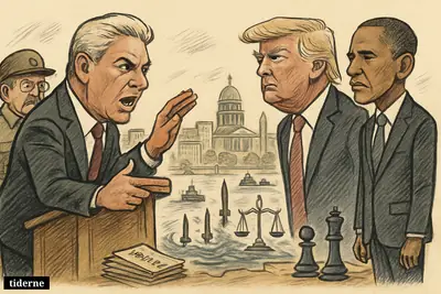 Caricatures of Díaz-Canel, Trump, Obama, and Raúl Castro confront each other across a narrow sea filled with military and legal symbols.
