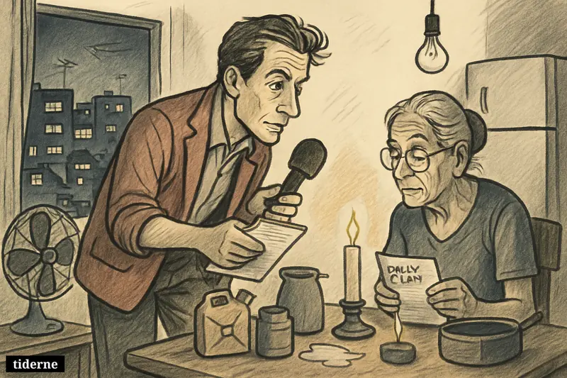 Caricature of reporter Will Grant interviewing an elderly Cuban woman in a dark apartment during repeated blackouts and an ongoing energy crisis.
