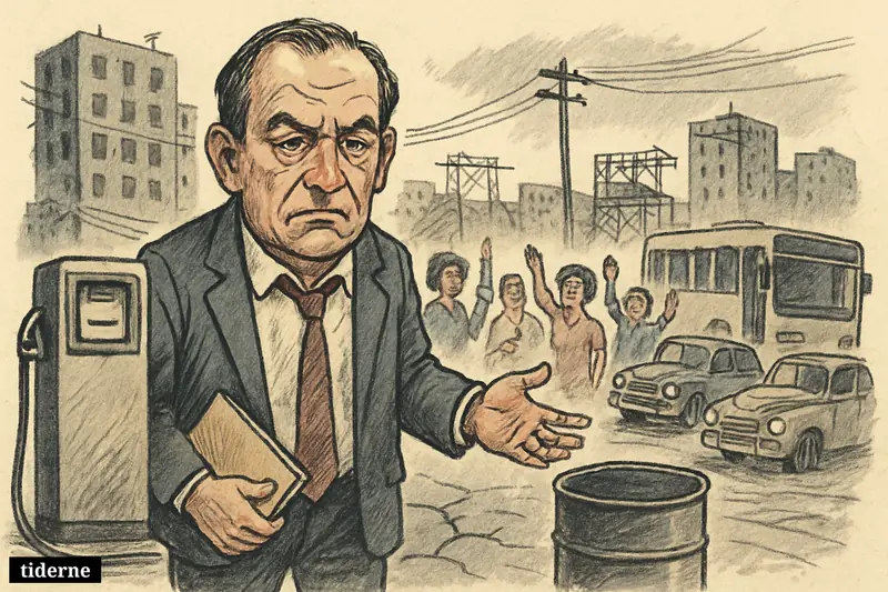 Caricature of Cuba’s energy minister on a Havana street beside empty fuel supplies, with blacked-out buildings, stalled vehicles, and protesting residents behind him.
