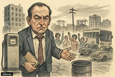 Caricature of Cuba’s energy minister on a Havana street beside empty fuel supplies, with blacked-out buildings, stalled vehicles, and protesting residents behind him.
